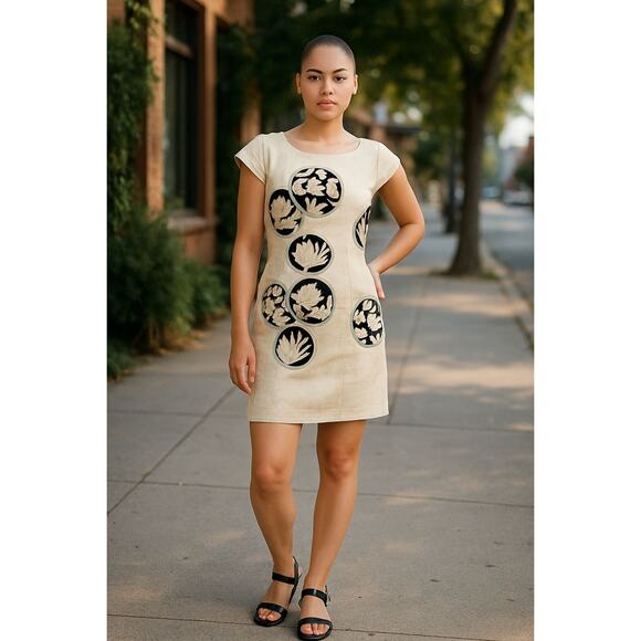 NICOLA Dress M Wool Blend Shift Dress Cap Sleeve Knee Length Dress W Embroidery - Picture 1 of 11